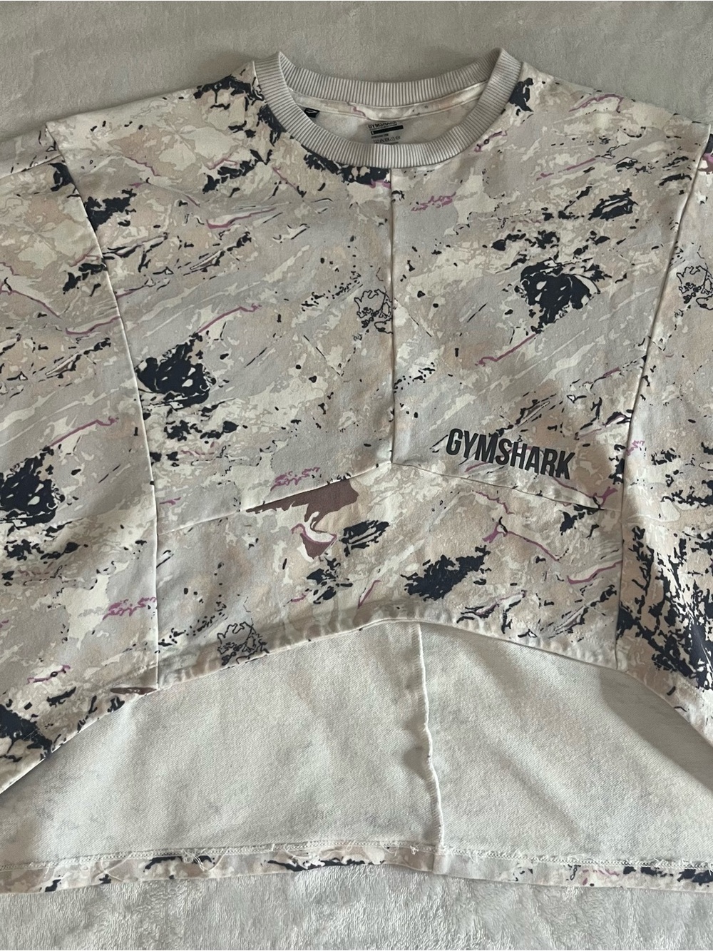 Gymshark Marble-Print Cropped Hi/Lo Crewneck Sweatshirt in White and Black Sz S - Picture 11 of 13